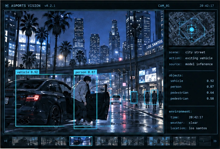 Manga city scene with illustrative vehicle and person labels, structured data and a frame timeline